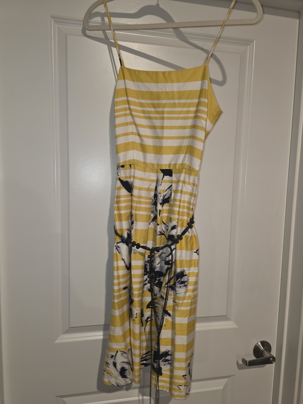 Jessica Howard Yellow and White Striped Midi Dress with Black Floral Print